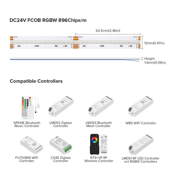 FCOB RGBW 5Pin 896 LED 12mm DC12V DC24V Flexible High Density Uniform