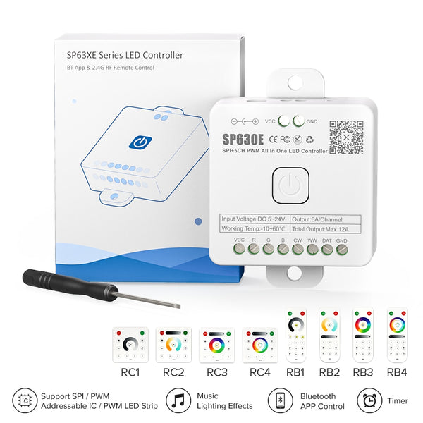 All In One SP630E LED Controller 5CH PWM SPI Pixels LED Light Strip WS2812B WS2811 SK6812 FCOB 5050 RGB RGBW CCT Music BT