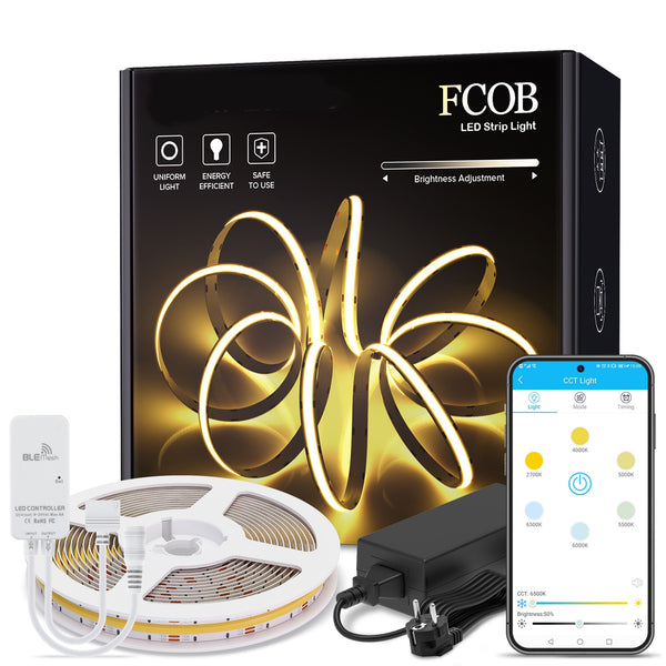 FCOB CCT LED Light Strip Kit Mini Bluetooth APP Warm White with White Dimmable High Density Flexible COB RA90 Led Lights DC24V